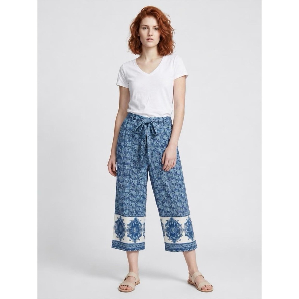 ANGIE Pants Blue White Floral Wide Leg Pull-On Smocked Tie Waist Beach